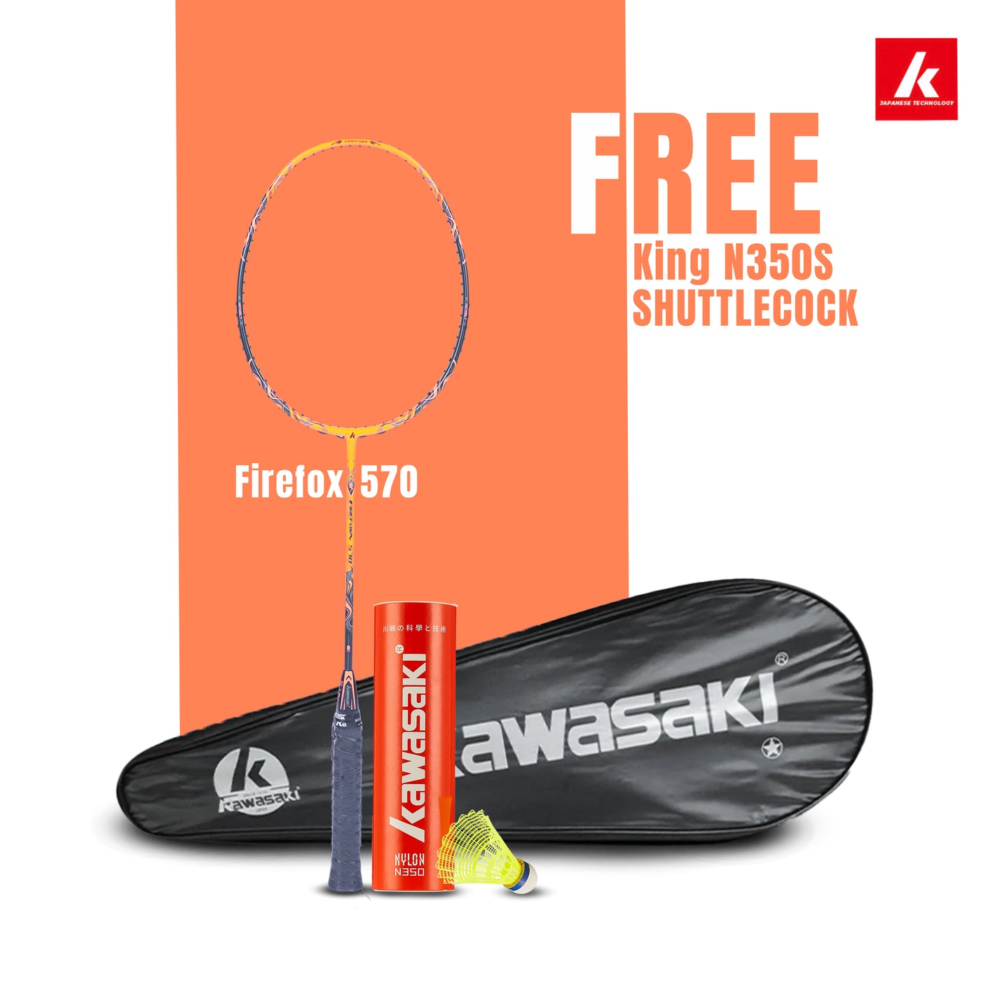 Firefox 570 Unstrung Badminton Racket(Orange) - 3U/G1 - Get Nylon Shuttlecock Absolutely Free