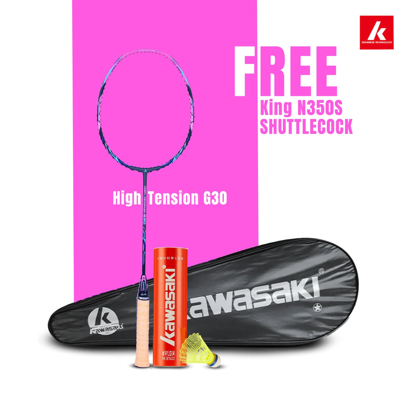 High Tension G30 Unstrung Badminton Racket (Pink) - 4U/G1 - Get Nylon Shuttlecock Absolutely Free