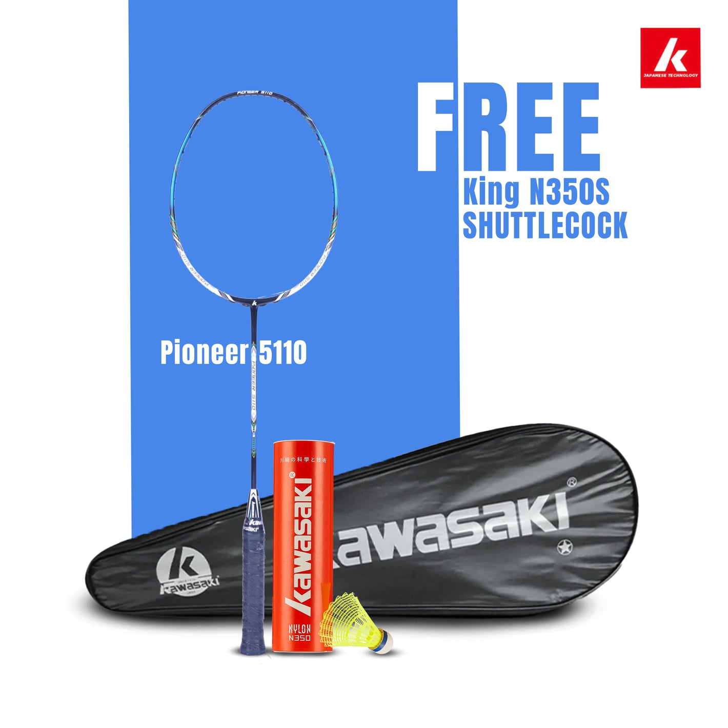 Pioneer 5110 Unstrung Badminton Racket (Blue+Black) - 3U/G1 - Get Nylon Shuttle Cock Absolutely free